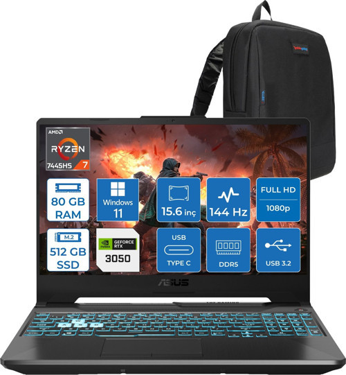 Tuf Gaming A15 – FA506NCG Amd Ryzen 7-7445HS 80GB Ddr5 512GB SSD Rtx 3050/4GB 75W 15.6 Inç Full Hd 144Hz Ips-Level WIN11PRO Gaming Bilgisayar HN206AF27+ZETTAÇANTA