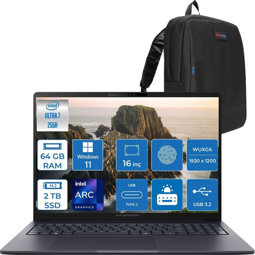 Expertbook B5 B5605CCA-U716512B1D Intel® Core™ Ultra 7 255H Aı 64GB Ddr5 2tb SSD Intel® Arc™ Graphics 16" Wuxga (1920X1200) IPS 300NITS WIN11PRO Taşınabilir Bilgisayar B5605CCAP19+ZETTAÇANTA