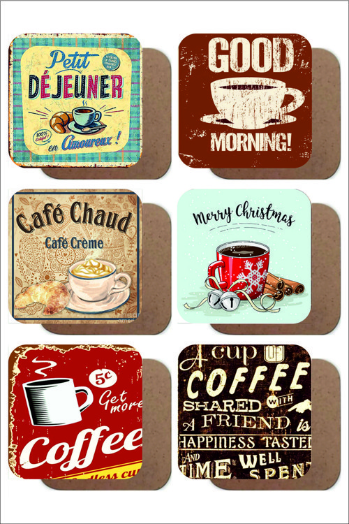 Kahve Temalı Retro /vintage 6'lı Ahşap Bardak Altlığı Seti