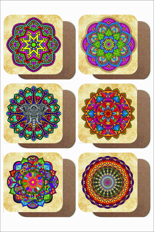 Mandala Temalı Vintage 6'lı Ahşap Bardak Altlığı Seti