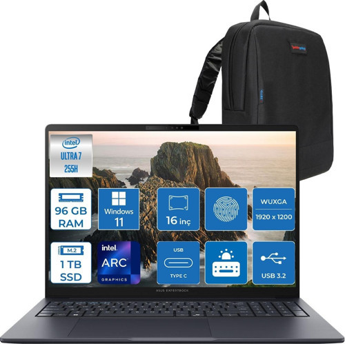 Expertbook B5 B5605CCA-U716512B1D Intel® Core™ Ultra 7 255H Aı 96GB Ddr5 1tb SSD Intel® Arc™ Graphics 16" Wuxga (1920X1200) IPS 300NITS WIN11PRO Taşınabilir Bilgisayar B5605CCAP28+ZETTAÇANTA