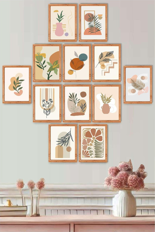 12 Parça Ahşap Çerçeve Görünümlü Modern Minimailst Bohemien Sanatsal Tablo Seti