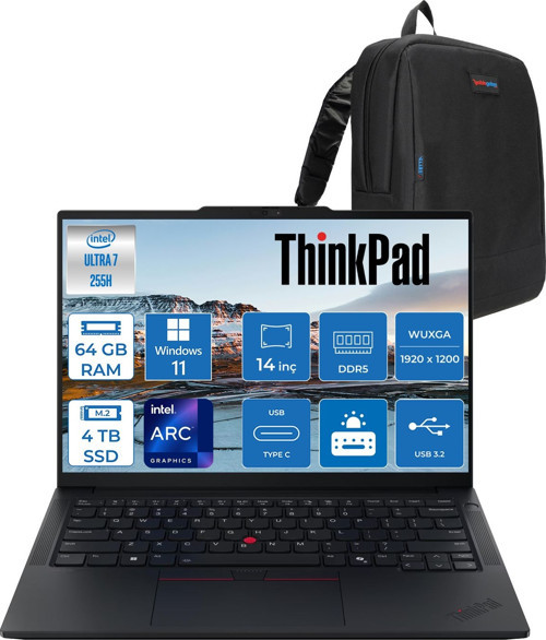 Thinkpad E14 Gen 7 Intel Core Ultra 7 255H Aı 64GB Ddr5 4tb SSD Intel® Arc™ 140T 14" Wuxga (1920X1200) IPS 300NITS IPS WIN11PRO Taşınabilir BILG.T21SX007CTXP20+ZETTAÇANTA