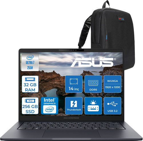 Expertbook B5 B5405CCA-U716512B1D Intel® Core™ Ultra 7 255H Aı 32GB Ddr5 256GB SSD Intel® Arc™ Graphics 14"inç Wuxga (1920X1200) IPS 300NITS Freedos Taşınabilir Bilgisayar B5405CCAF06+ZETTAÇANTA