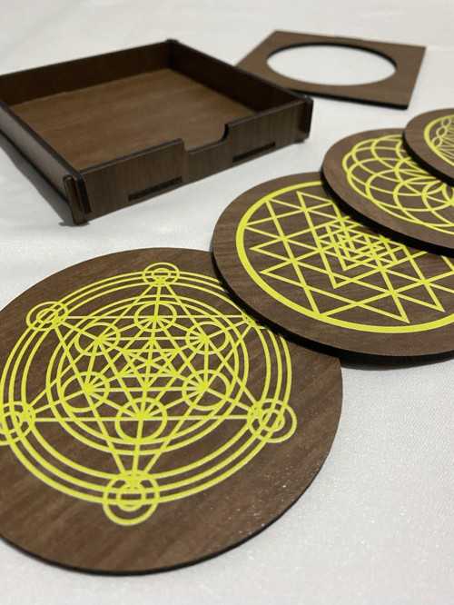 Kutsal Geometri (yaşam Çiçeği - Sri Yantra - Torus - Metatron) 4'lü Set Ahşap Bardak Altlığı