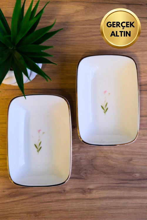 Porselen Natura Çuha Altın Yaldızlı Dikdörtgen Kayık Tabak 12x8,50cm 2 li