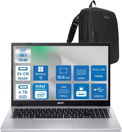 Acer Aspire Go 15 Intel Core I7-13620H Ddr5 24GB 4tb SSD Windows 11 Pro Intel UHD Graphics 15,6" Fhd (1920 x 1080) IPS Taşınabilir Bilgisayar NXJ6SEY001P10 + Zetta Çanta
