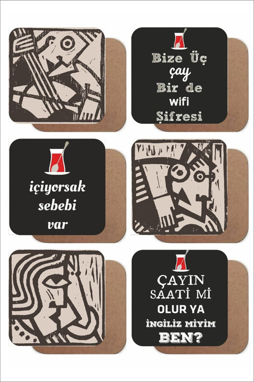 Çay Temalı 6'lı Ahşap Bardak Altlığı Seti