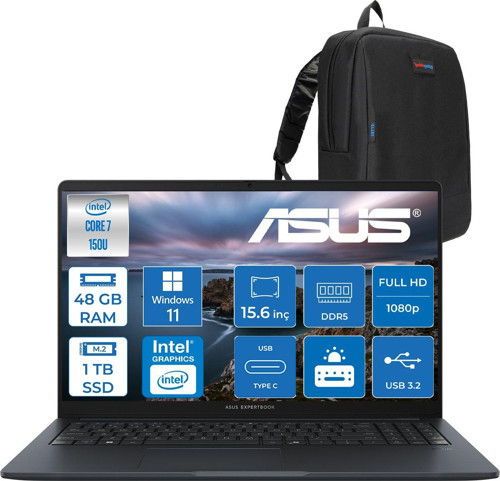 Expertbook B1 B1503CVA-C78G512B4D Intel Core 7 150U 48GB Ddr5 1tb SSD 15.6"fhd 300NITS (1920 x 1080) WIN11PRO Taşınabilir Bilgisayar C78G512B4DP18+ZETTAÇANTA