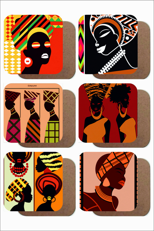 Afrikalı Kadınlar Temalı Retro /vintage 6'lı Ahşap Bardak Altlığı Seti