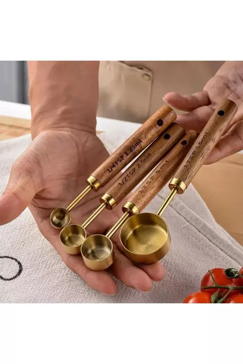 4 Adet Gold Paslanmaz Çelik Ahşap Saplı Ölçü Kaşığı Seti Ölçü Kabı Küçük