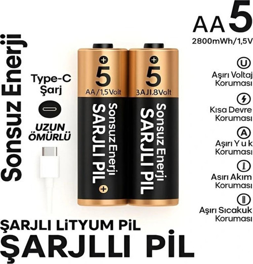 Type-C Şarjlı 2800MWH 1.5V Şarj Edilebilir 2'li AA5 Kalın Pil - Lityum Iyon Batarya