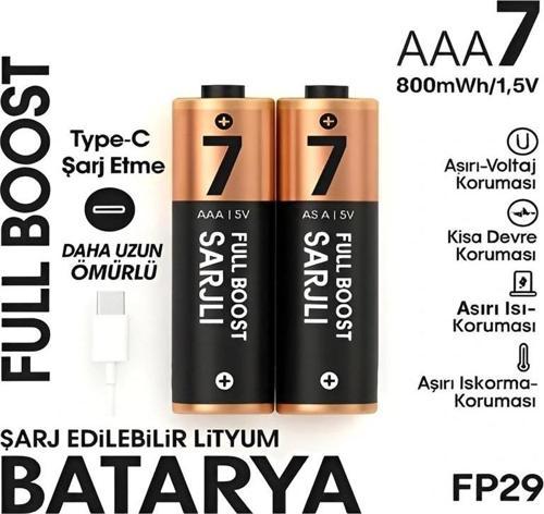 Type-C Şarjlı 800MWH 1.5V Şarj Edilebilir 2'li AAA İnce Pil - Lityum Iyon Batarya