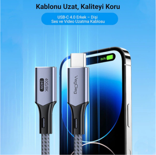 Usb 4.0 E-mark 240w 40gbps Thunderbolt 4 8k 60hz Type-c Uzatma Kablosu 1 Metre
