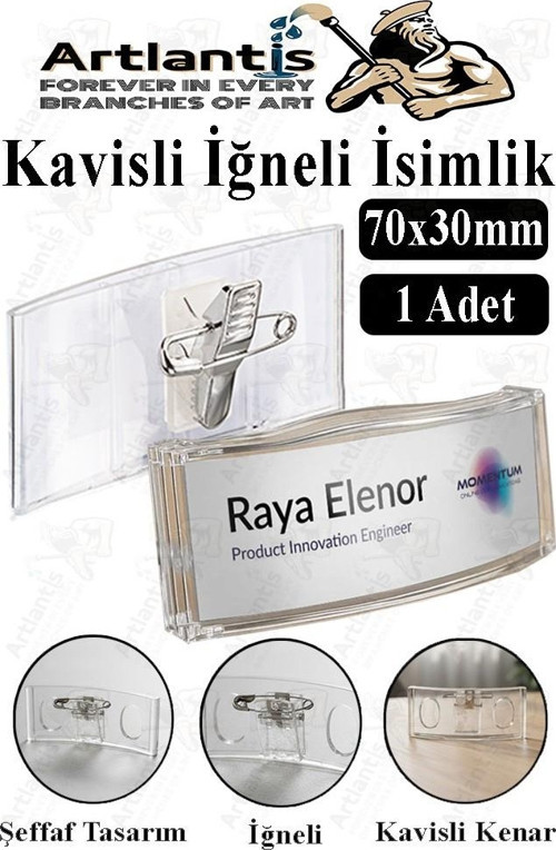 Şeffaf Kavisli İğneli İsimlik 1 Adet Dikdörtgen İsimlik 70x30cm Personel Yaka İsimliği Şeffaf Kavisli İsimlik Şirket