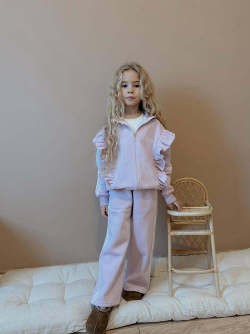 KIZ ÇOCUK DİK FERMUARLI 3 İPLİK GENİŞ PAÇA EŞOFMAN TAKIMI