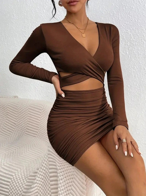 Kadın Uzun Kollu çapraz Dekolte Detaylı Mini Sandy Elbise