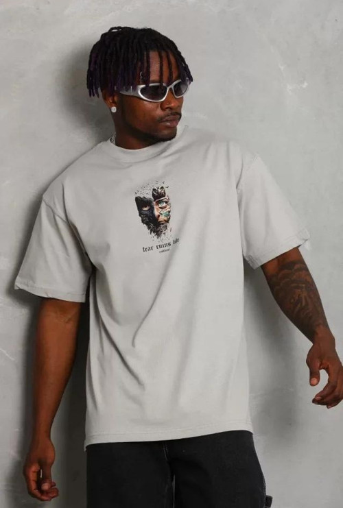 Unisex Oversize Baskılı Bisiklet Yaka TShirt