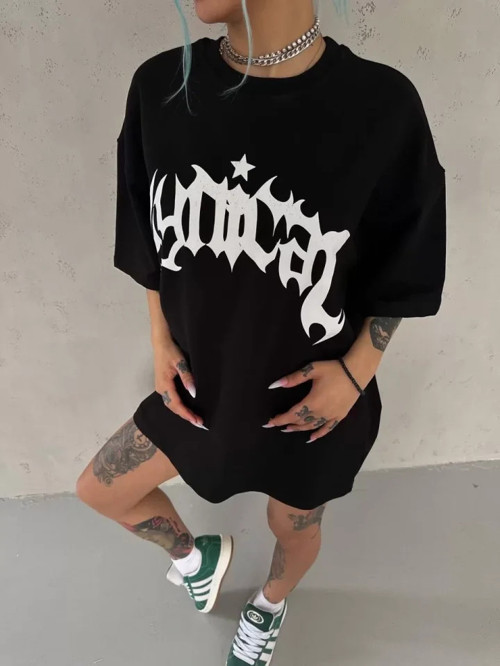 Unisex Bisiklet Yaka Baskılı Oversize TShirt