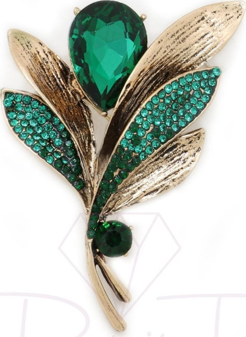 Yeşil Taşlı Altın Renk Yaprak Broş