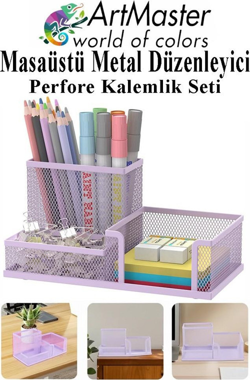 Masaüstü Metal Kalemlik Seti 3 lü Kombo Lila 1 Paket Fileli Perfore Kalemlik Kağıtlık Küpnotluk Düzenleyici Ataşlık