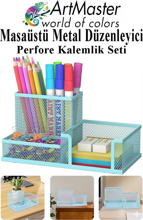 Masaüstü Metal Kalemlik Seti 3 lü Kombo Açık Mavi 1 Paket Fileli Perfore Kalemlik Kağıtlık Küpnotluk Düzenleyici Ataşlık