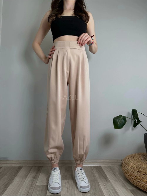 Kadın Taş Cırtlı Paçası Lastikli Yüksek Bel Balon Pantolon