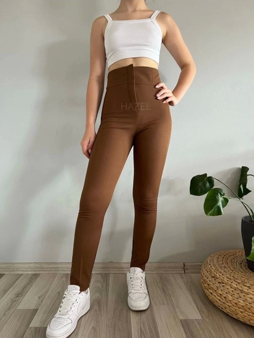 Kadın Kahverengi Extra Yüksek Bel Toparlayıcı Dar Paça Kumaş Pantolon
