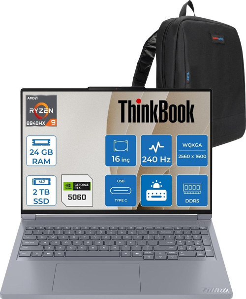 Thinkbook 16P G6 Adr Ryzen 9 8940HX 24GB Ddr5 2tb SSD 8GB/RTX5060/115W 16" Wqxga IPS 500NITS 240Hz Freedos Taşınabilir Bilgisayar 21U00013TXF07 + Zettaçanta