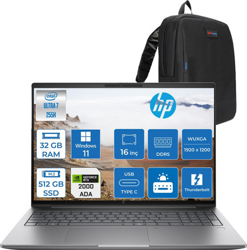 Zbook x G1I Intel Core Ultra 7 265H 32GB Ddr5 512GB SSD 8GB/RTXPRO2000 Blackwell 16" Wuxga Düşük Mavi Işık 400NIT %100 Srgb Windows 11 Pro Taşınabilir Iş Istasyonu B30HNESP09 + Zettaçanta