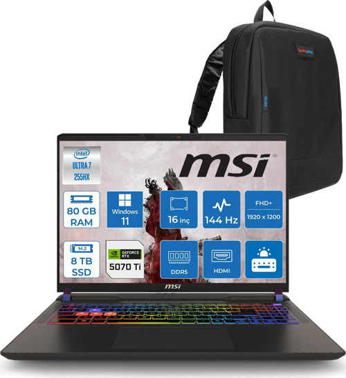 Vector 16 Intel Core Ultra 7 255HX 80GB 4tb + 4tb SSD RTX5070TI 12GB Tdp 140W Gddr7 Windows 11 Pro 16" Fhd+ 144Hz Taşınabilir Bilgisayar A2XWHG091XTRP35 + Zetta Çanta