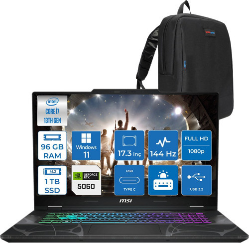 Cyborg 17 Intel Core I7 13620H 96GB Ddr5 1tb SSD RTX5060 Gddr7 8gb Windows 11 Home 17.3" Fullhd (1920X1080) 144HZ IPS Taşınabilir Bilgisayar B13WFKG210XTRH38 + Zetta Çanta