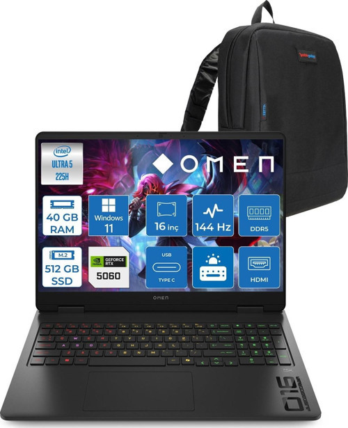 Omen 16-AM0037NT Intel Core Ultra 5 225H 40GB Ddr5 512GB SSD RTX5060 8gb Gddr7 Windows 11 Pro 16 Inç Wuxga (1920X1200) 144Hz 300NITS IPS Taşınabilir Bilgisayar C39JBEAP19 + Zetta Çanta