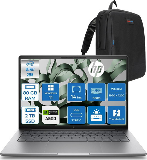 Zbook 8 G1I Intel Core Ultra 7 265H 80GB Ddr5 2tb SSD 4GB/RTXA500 14" Wuxga Düşük Mavi Işık 300NIT %100 Srgb Windows 11 Pro Taşınabilir Iş Istasyonu B30HCESP23 + Zettaçanta