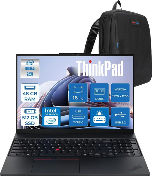 Thinkpad E16 Gen 3 Intel Core Ultra 5 225U 48GB Ddr5 512GB SSD Freedos Intel Aı Boost 16 Inç Wuxga (1920 x 1200) IPS 300NITS Taşınabilir Bilgisayar 21SR006VTXF22 + Zetta Çanta