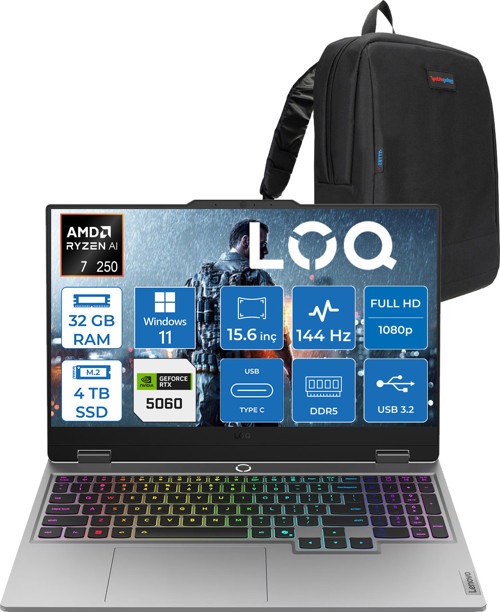 Loq 15AHP10 Amd Ryzen 7 250 32GB Ddr5 4tb SSD Windows 11 Pro RTX5060 8gb 100W 15.6" Fhd (1920X1080) IPS 300NITS 144Hz Gaming Laptop 83JG006ETRP19 + Zetta Çanta