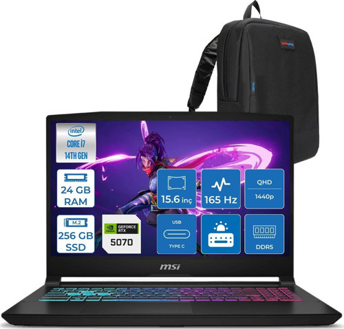 Katana 15 Hx Intel Core I7 14650HX 24GB Ddr5 256GB SSD Freedos RTX5070 8gb Gddr7 115W 15.6" 2k QHD(2560X1440) 165HZ Gaming Laptop B14WGK068XTRF06 + Zetta Çanta