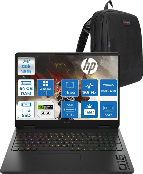 Omen 16-AM0016NT Intel Core I7 14650HX 64GB Ddr5 1tb SSD RTX5060 Gddr7 8gb Windows 11 Pro 16 Inç Wuxga (1920 x 1200) 165HZ 3ms 400NIT 100% Srgb Taşınabilir Bilgisayar WBQ3R2EAP32 + Zetta Çanta