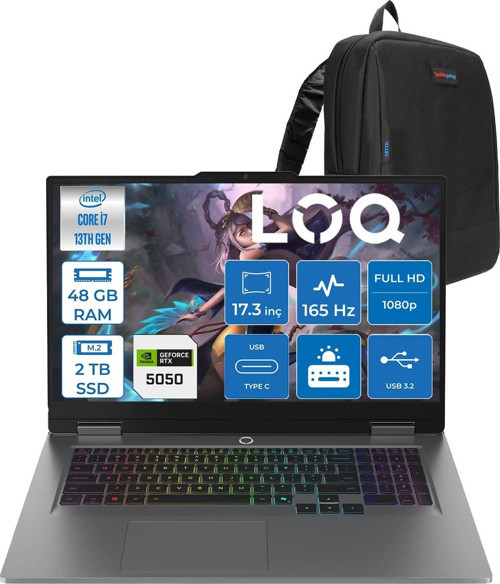 Loq 17IRX10 Intel Core I7 13650HX 48GB Ddr5 2tb SSD RTX5050 8gb 115W Freedos 17.3 Inç Fhd (1920X1080) IPS 300NITS 165HZ 100% Srgb Taşınabilir Bilgisayar W83JH006CTRF27 + Zetta Çanta