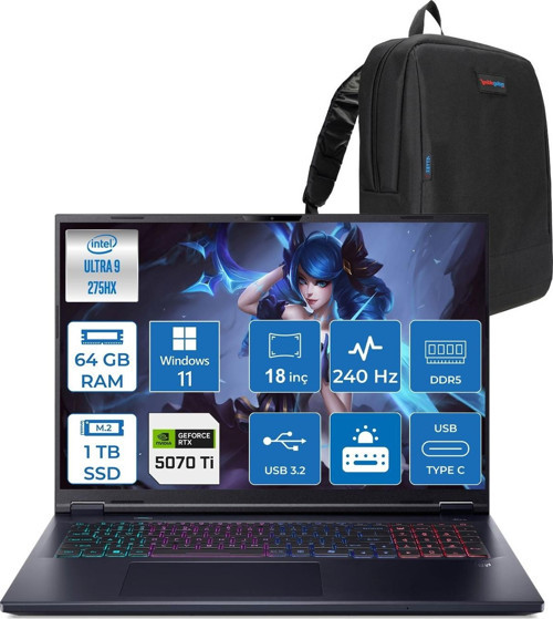 Predator Helios Neo 18 Aı Intel®core™ Ultra 9 275HX 64GB Ddr5 1tb SSD 12GB/RTX5070Tİ 140W 18" 2560 x 1600 Wqxga 240HZ WIN11PRO Gaming Bilgisayar. NHQVMEY002P18+ZETTAÇANTA