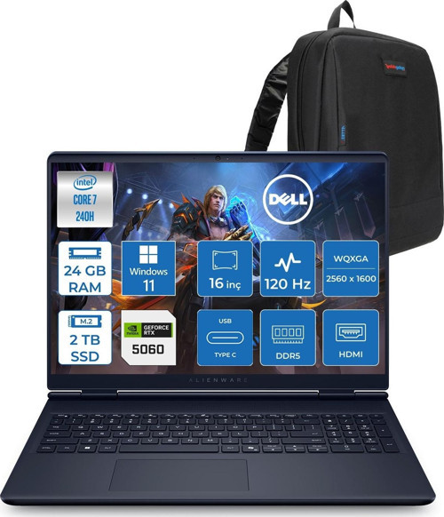 Alienware 16 Aurora AC16250 Intel Core 7 240H 24GB Ddr5 2tb SSD Windows 11 Pro 8gb RTX5060 16 Inç 2K(2560×1600) Wqxga 120Hz Wva Gaming Laptop AC16250C71615U56NP11 + Zetta Çanta