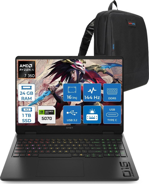 Omen 16-AP0006NT Amd Ryzen Aı 7 350 24GB Ddr5 1tb SSD RTX5070 8gb Gddr7 16 Inç Wuxga (1920 x 1200) 144HZ 300NİTS IPS Freedos Taşınabilir Bilgisayar C52R1EAF08 + Zetta Çanta