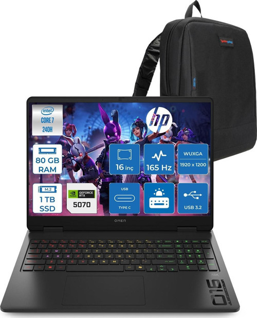 Omen 16 Intel Core 7 240H 80GB Ddr5 1tb SSD 8GB/RTX5070 16" Wuxga IPS 400NITS 165Hz Windows 11 Home Oyun Bilgisayarı BHPQ1Y7EAH22 + Zettaçanta