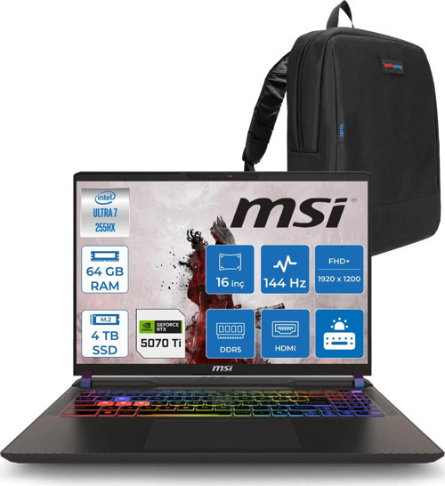 Vector 16 Intel Core Ultra 7 255HX 64GB 4tb SSD RTX5070TI 12GB Tdp 140W Gddr7 Freedos 16" Fhd+ 144Hz Taşınabilir Bilgisayar A2XWHG091XTRF29 + Zetta Çanta