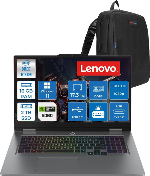 Loq 17IRX10 Intel Core I7 13650HX 16GB Ddr5 2tb SSD RTX5060 8gb 115W Windows 11 Home 17.3 Inç Fhd (1920X1080) IPS 300NITS 165HZ 100% Srgb Taşınabilir Bilgisayar W83JH006ETRH03 + Zetta Çanta