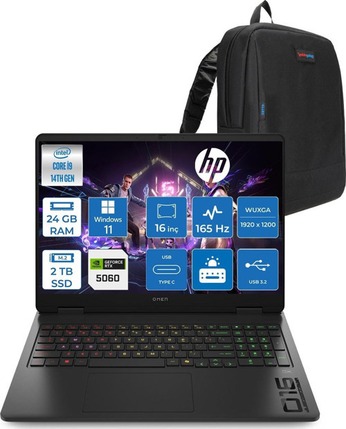 Omen 16-AM0007NT Intel Core I9 14900HX 24GB Ddr5 2tb SSD RTX5060 8gb Gddr7 Windows 11 Pro 16 Inç IPS Wuxga (1920X1200) 165Hz 3ms 400NITS 100% Srgb Taşınabilir Bilgisayar WBQ3Q8EAP09 + Zetta Çanta