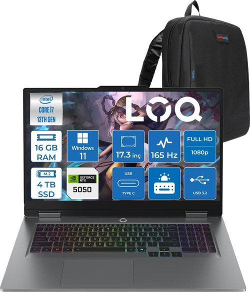 Loq 17IRX10 Intel Core I7 13650HX 16GB Ddr5 4tb SSD RTX5050 8gb 115W Windows 11 Home 17.3 Inç Fhd (1920X1080) IPS 300NITS 165HZ 100% Srgb Taşınabilir Bilgisayar W83JH006CTRH04 + Zetta Çanta
