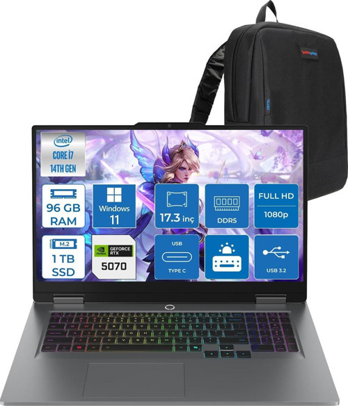 Loq 17IRX10 Intel Core I7 14700HX 96GB Ddr5 1tb SSD RTX5070 8gb 115W Windows 11 Home 17 Inç Fhd (1920X1080) IPS 300NITS 165HZ 100% Srgb Taşınabilir Bilgisayar W83JH006HTRH44 + Zetta Çanta