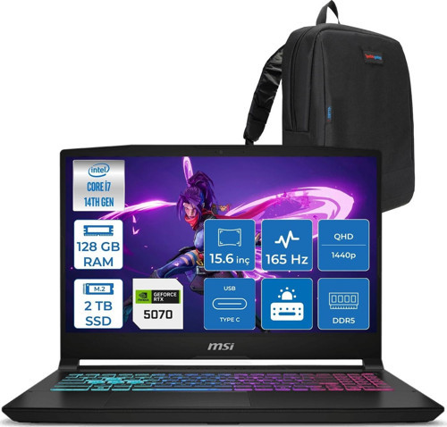 Katana 15 Hx Intel Core I7 14650HX 128GB Ddr5 2tb SSD Freedos RTX5070 8gb Gddr7 115W 15.6" 2k QHD(2560X1440) 165HZ Gaming Laptop B14WGK068XTRF44 + Zetta Çanta