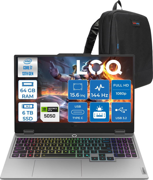 Loq 15IRX10 Intel Core I7 13700HX 64GB Ddr5 6tb SSD RTX5050 8gb 100W Freedos 15.6" Fhd (1920X1080) IPS 300NITS 144Hz 100% Srgb Taşınabilir Bilgisayar W83JE00KKTRF35 + Zetta Çanta